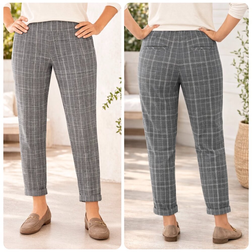 J. Jill Bi-Stretch Pants 10 Gray Plaid Pull On Elastic Waist Cuffed Ankle Preppy